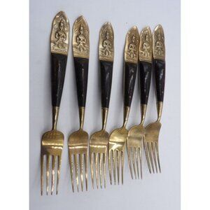 Siamese/Thailand Buddha Brass and Black Dinner Forks Set of 6
